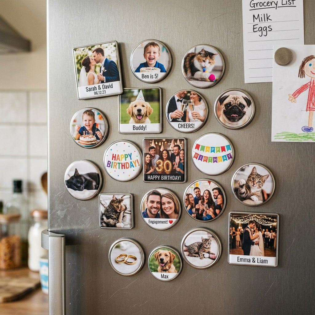 Personalized custom photo magnets of weddings, kids, pets and birthdays arranged on a refrigerator door