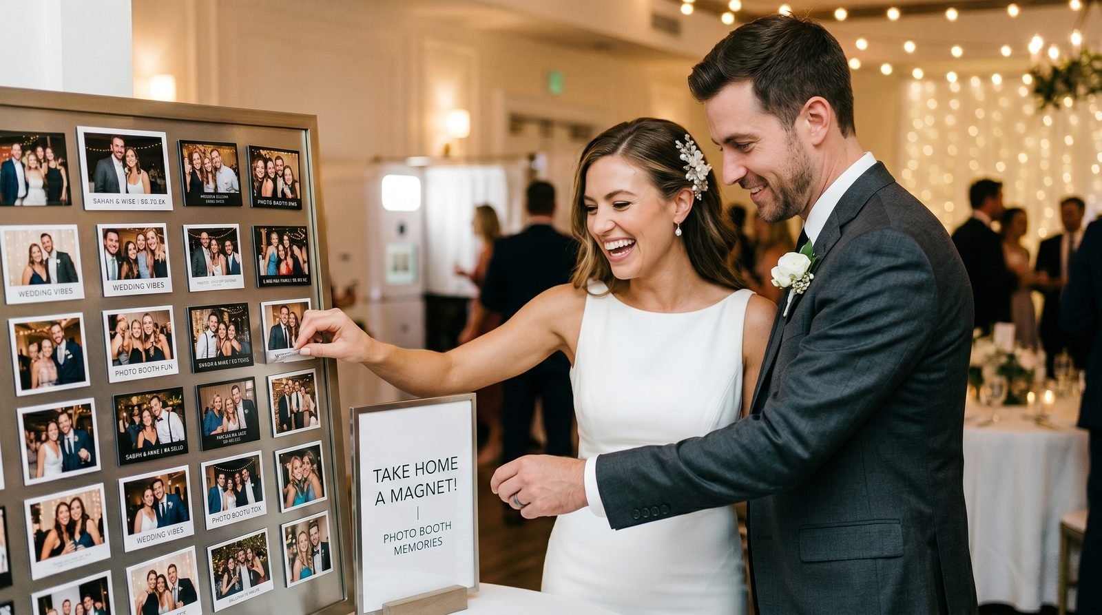 Bride and groom at their wedding reception choosing a photo booth magnet from a Take Home a Magnet display board