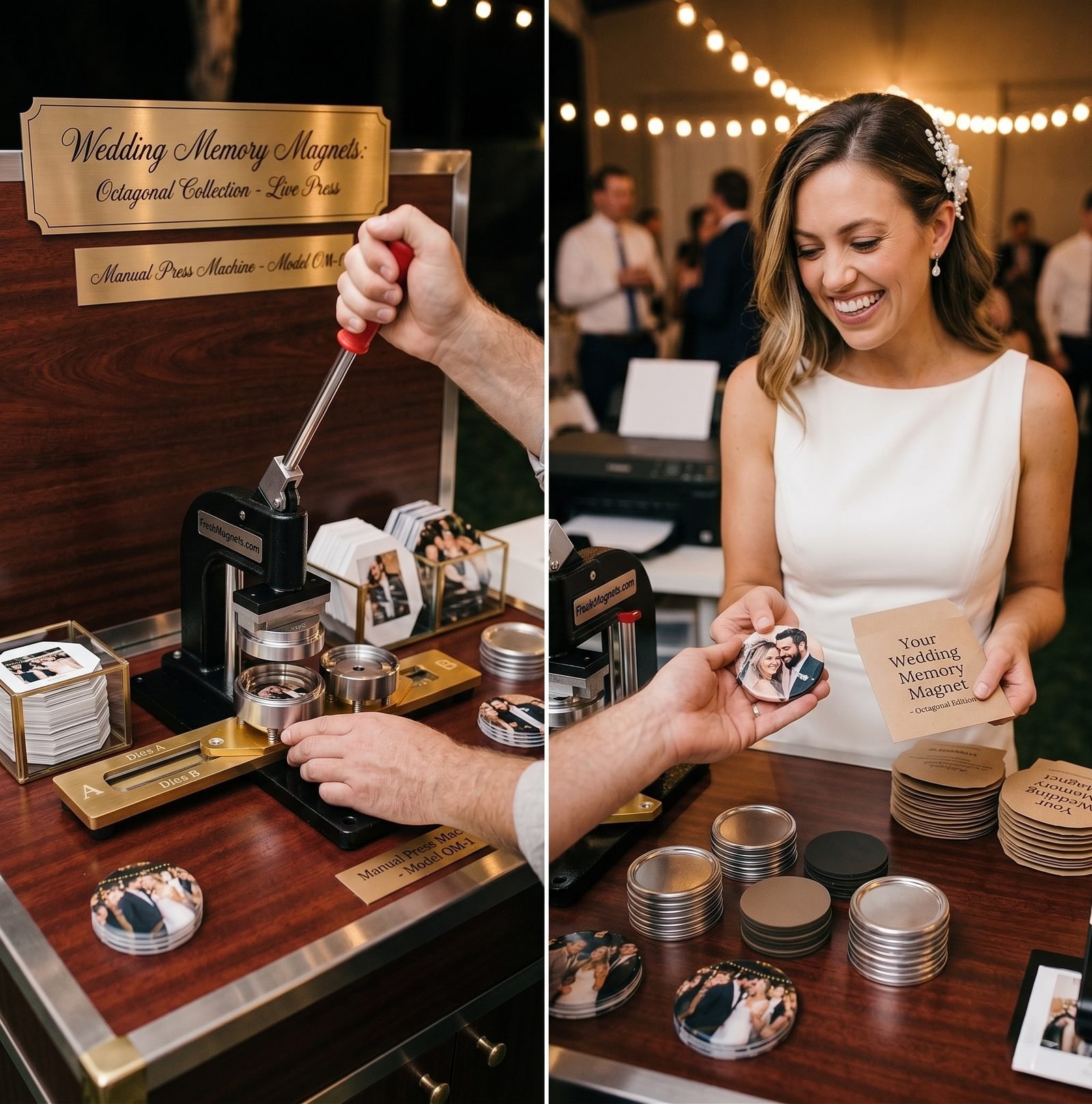 Vendor operating an on-site wedding magnet press and a bride receiving her finished octagonal wedding photo magnet