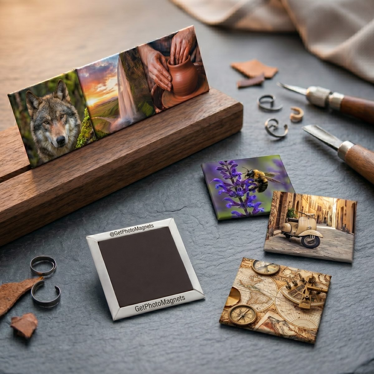 Square 2x2 inch custom photo magnets on a slate surface