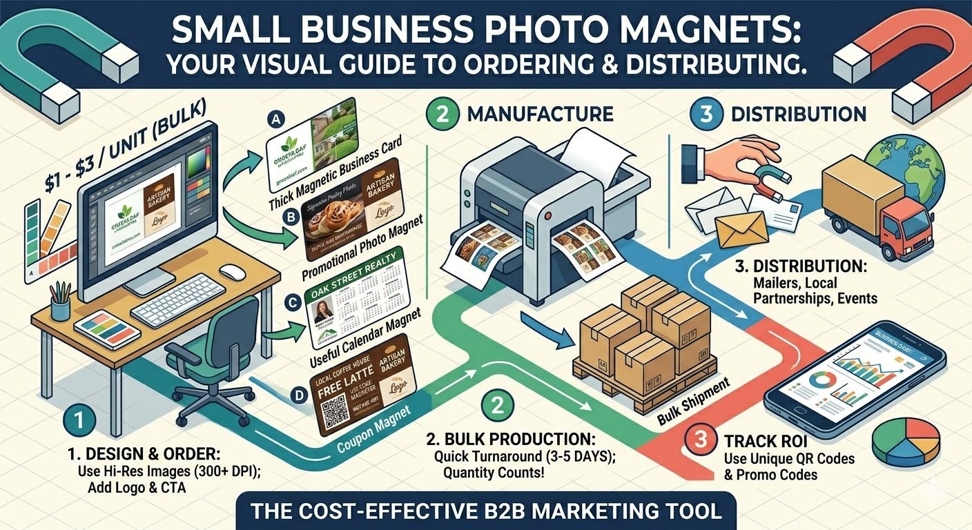 Visual guide to ordering small business photo magnets in bulk: design and order, bulk production, distribution and ROI tracking with QR and promo codes