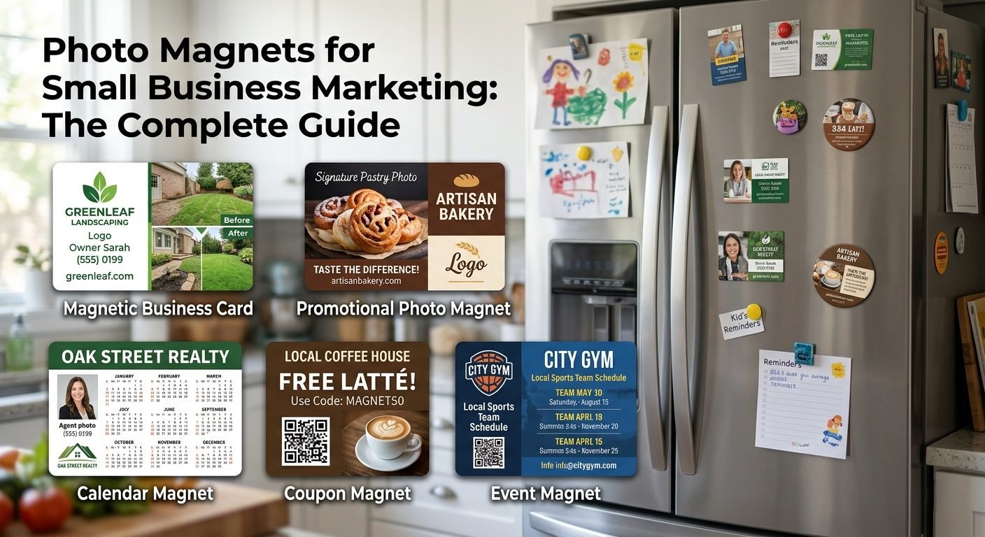 Five small business photo magnets on a fridge: magnetic business card, promotional photo magnet, calendar magnet, coupon magnet and event magnet